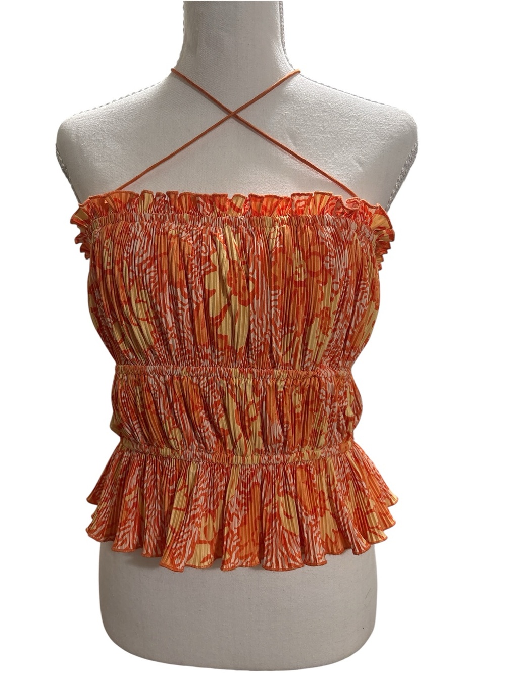 Camila Coelho Orange and Cream Smocked Halter Peplum Top Medium